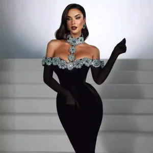 Black fashion halterneck diamond-encrusted gloves