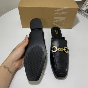 ZA2024 New Summer Flat Sandals Women's Metal Chain Shallow Square Toe European and American Baotou Back Empty Sandals Women – Image 4