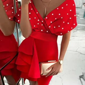 Ruffle Dress Red Dress European and American Deep V Sleeveless Waist Ruffle Dress Red Dress – Image 3