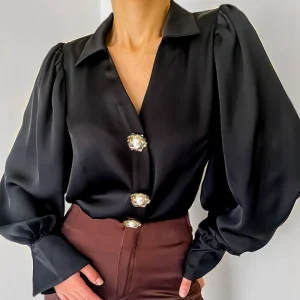 Women Long Sleeve Satin Shirt Design Sense Balloon Sleeve Casual Loose Satin Blouse – Image 3