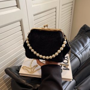 Plush Shell Dinner Bag 2024 New Women's Fall Winter 2024 Niche Leopard Print Crossbody Bag Pearl Chain Shoulder Bag – Image 5