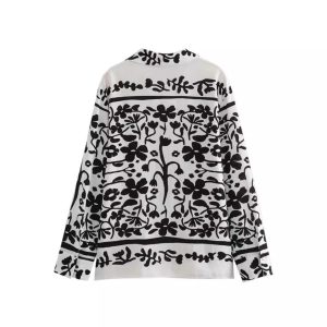 Foreign trade autumn 2023 new lapel long sleeve single-breasted printed linen shirt wide-leg pants set – Image 4