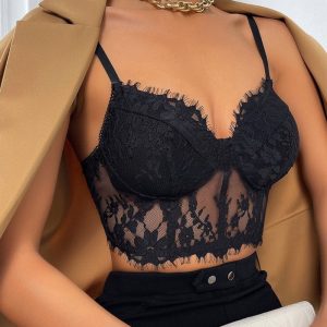 Cross-border Amazon hot sale new sexy eyelashes lace see-through wrapped chest exposed navel European and American small vest women's clothing 9562 – Image 3