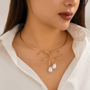 Plain ring bow European and American jewelry women's ins water drop imitation pearl fashion punk metal collar – Image 7