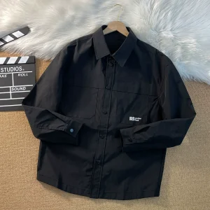 Retro workwear style long sleeve shirt men's lapel casual shirt small coat worn over top windbreaker jacket – Image 6