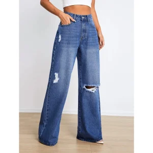 European and American women's new jeans, high-waisted ripped loose thin wide-leg pants – Image 3