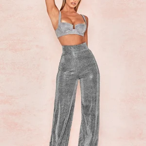 European and American silver shiny wide-leg pants women's autumn loose skinny hot girl high-waisted casual drape shiny squinned trousers – Image 4
