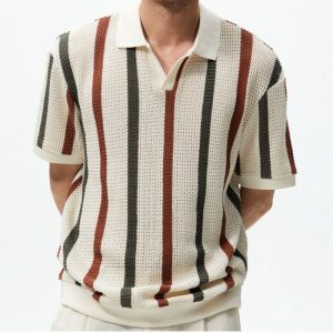 Thick Needle Cutout Knitwear Men's Striped Contrast Wool Casual Polo Shirt Men T-Shirt – Image 3