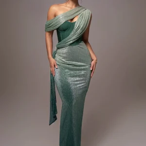 2024 New Light Brown One Shoulder Glitter Tulle Slim Dress Casual Elegant Goddess Simple Party Party Dress – Image 3