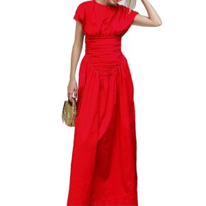 Cross-border 2024 autumn new European and American women's fashion temperament, shirred large skirt, short sleeve, high-waisted slim dress – Image 5
