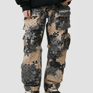 Procity trendy brand pixel mosaic camouflage men's and women's street multi-pocket wide-leg unisex casual cargo pants – Image 3