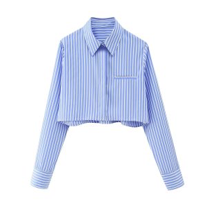 2024 spring and summer new women's European and American style fashion casual striped lapel single-breasted long-sleeved crop top shirt – Image 3