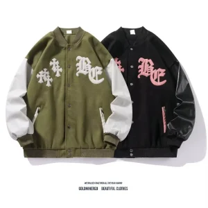 American retro letter embroidery patchwork baseball jersey jacket for men and women, fashion brand loose design, couple heavy work jacket – Image 3
