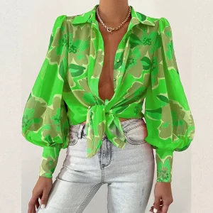 Floral Lantern Sleeve Blouse Shirt Sexy Cardigan Loose Lantern Sleeve Shirt Print – Image 4