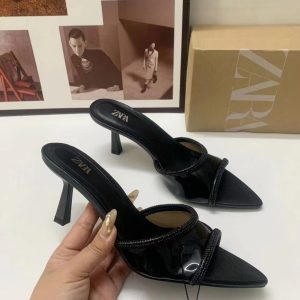 ZA summer new high heels women's shoes 2024 pointed toe straight rhinestone trimmed PVC stiletto crystal heel backspace sandals women – Image 3