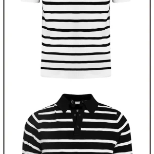 Summer New Ice Silk Knit Casual Men's Short Sleeve T-Shirt Senior Retro Slim Color-Blocked Striped Polo Shirt Men – Image 4
