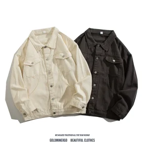 Spring and autumn ins denim jacket men's Korean version of the trend loose casual all-match solid color washed lapel tooling jacket – Image 3