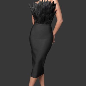 Christmas new mid-length European and American fashion foreign trade dress bandeau feathers high-end temperament bandage dress women – Image 6