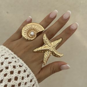 European and American cross-border jewelry, beach imitation pearl adjustable ring, resort wind starfish alloy ring – Image 3