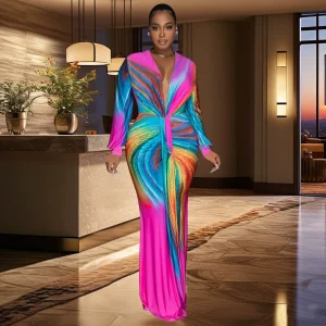 C6952 European and American fashion women's pleated color-blocked casual dress long – Image 4