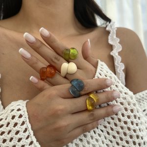 European and American cross-border jewelry Fashion geometric multi-color closed finger ring Irregular double water drop plastic ring – Image 5