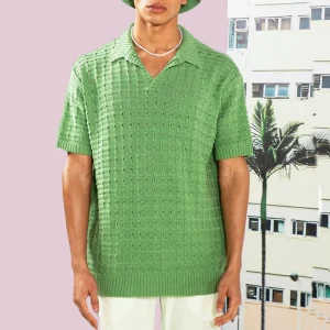 2024 Plus Size Stretch Loose Polo Shirt Sweater Men's Knit Short Sleeve Casual V-Neck T-Shirt Men T-Shirt – Image 4