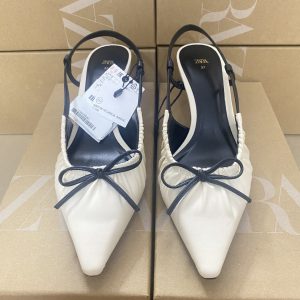 ZA New 2024 High Heeled French Pointed Toe Pleated High Heel Slingback Hollow Bow Trim Women's Shoes – Image 3