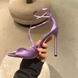 Purple satin high heels women's spring summer 2024 new strappy stiletto gold sandals open toe sexy dress shoes – Image 5