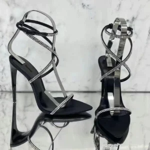 High Heels Women's Poplar Forest Rhinestone Pointed Toe Stiletto Heel 2023 New Summer Celebrity Cross Strappy Roman Sandals Women – Image 3