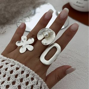 Alloy Rings Heavy Industry Silver Brushed Flower Ring Minimalist Stretch Adjustment Ins Daily Ring Ring – Image 3