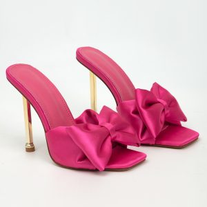 Celebrity slippers women's super hot bow stiletto heel catwalk, satin outside wear, fitting room, super high bed, tide high heels – Image 3