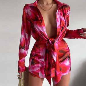 Cross-border new women's clothing temperament sexy V-neck long sleeve lace-up short dress 661 – Image 3
