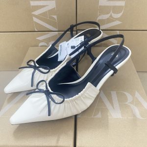 ZA New 2024 High Heeled French Pointed Toe Pleated High Heel Slingback Hollow Bow Trim Women's Shoes – Image 4