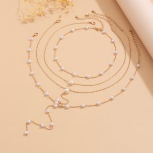 European and American cross-border jewelry Fashionable and simple multi-layer pearl set necklace 4-piece set of handmade chain necklace – Image 4