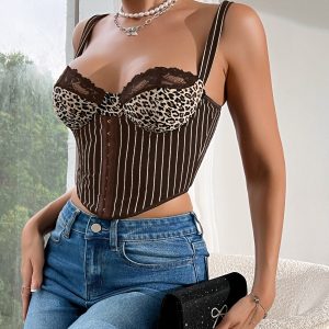 Cross border women's babes low cut sexy leopard print lace backless suspender striped underwire European and American style small vest 7790 – Image 3