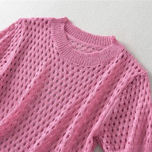AliExpress Foreign Trade 2023 Summer New European and American Style Candy Color Short Cutout Knit T-Shirt Women – Image 3