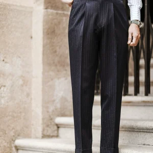 Casual high-waisted trousers, men's autumn business, Neapolitan striped pants, business Parisian buckle vintage suit pants – Image 4