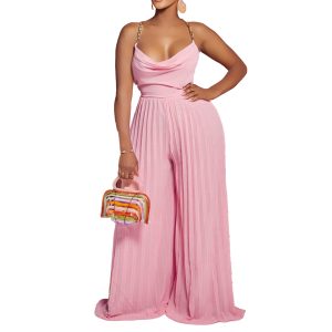 Europe and America Fashion Sexy Chain Halterneck High Waist Sexy Open Back Wide Leg Press-Pleated Jumpsuit – Image 5