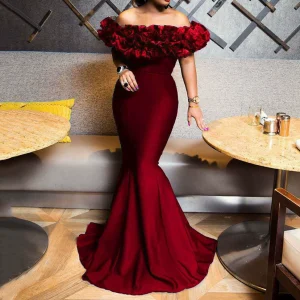 Plus size Party Dress Women Slim Ruffles Solid Maxi Dress – Image 4