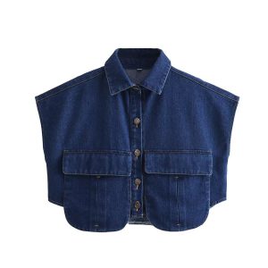 Fashion trend, new women's clothing, European and American style, cross-border lapels, short sleeves, short high street denim shirts, tops, women's – Image 5