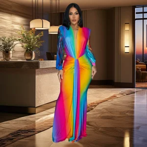 C6952 European and American fashion women's pleated color-blocked casual dress long – Image 3