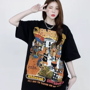 Shuji's niche design sense trendy brand American retro cartoon print short-sleeved T-shirt for men and women summer new hip-hop trend