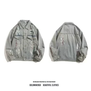 Ink-splashed print ripped denim jacket, men's fashion brand high street ruffian, handsome and versatile, retro washed design sense cargo jacket – Image 3