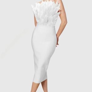 Christmas new mid-length European and American fashion foreign trade dress bandeau feathers high-end temperament bandage dress women – Image 5