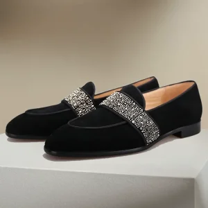 Summer new black nubuck leather square toe men's loafers handmade custom rhinestone slip-on smoking shoes
