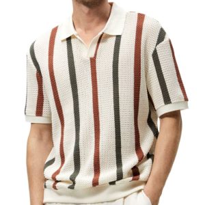 Thick Needle Cutout Knitwear Men's Striped Contrast Wool Casual Polo Shirt Men T-Shirt – Image 5