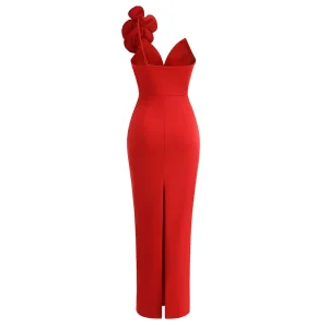 2024 New Red Single Shoulder Flower Diamond Trim Midi Casual Dress Goddess Fan Wedding Catwalk Evening Dress – Image 4