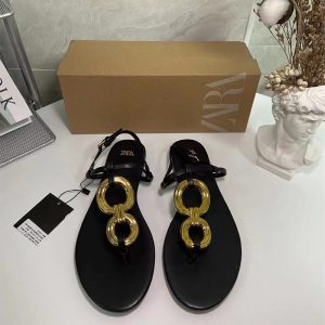 ZA New 2024 Summer Round Toe Line With Metal Buckle Clip Toe Slippers Sandals Women's Rear Strap Wear Slippers – Image 4