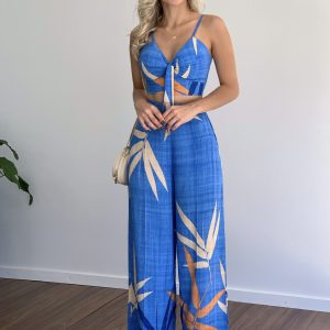 V-Neck Cropped Tank Top High Waist Printed Wide Leg Pants Two Piece Short Vest Wide Leg Pants Set – Image 4