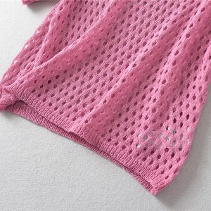 AliExpress Foreign Trade 2023 Summer New European and American Style Candy Color Short Cutout Knit T-Shirt Women – Image 4
